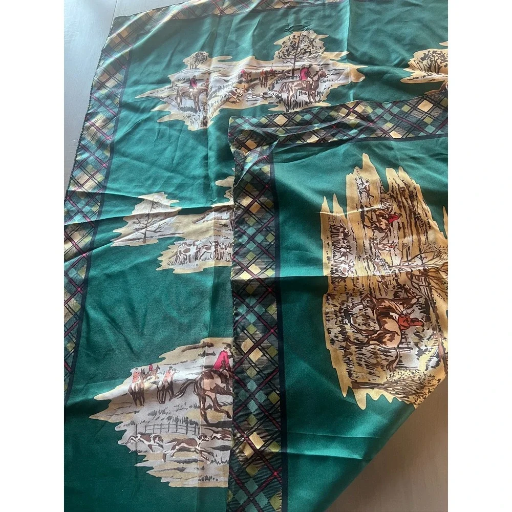 Vintage Equestrian Scarf Fox Hunt Plaid Satin Scarf‎ Green Preppy Classic Horse